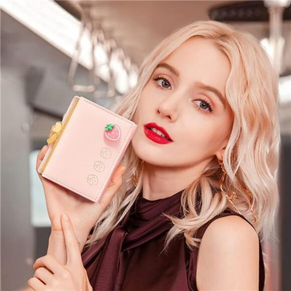 Small leather wallet for women trifold card holder cute pink girls slim purse - Picture 2 of 7